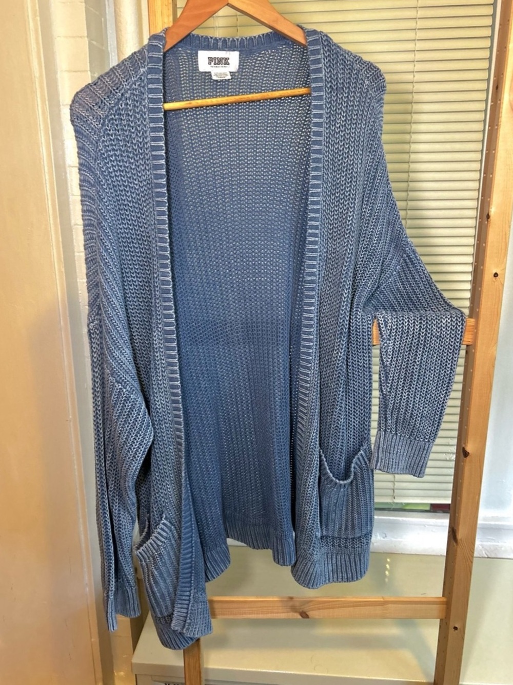 PINK Denim Blue Open Front Knit Cardigan Size Large